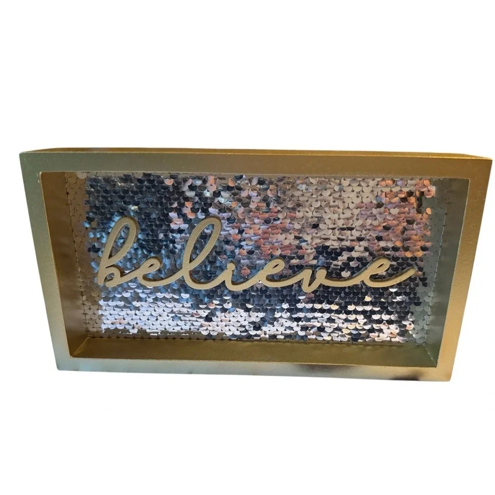 Believe Sequin Sign Shelf Sitter Home Decor Gold Silver